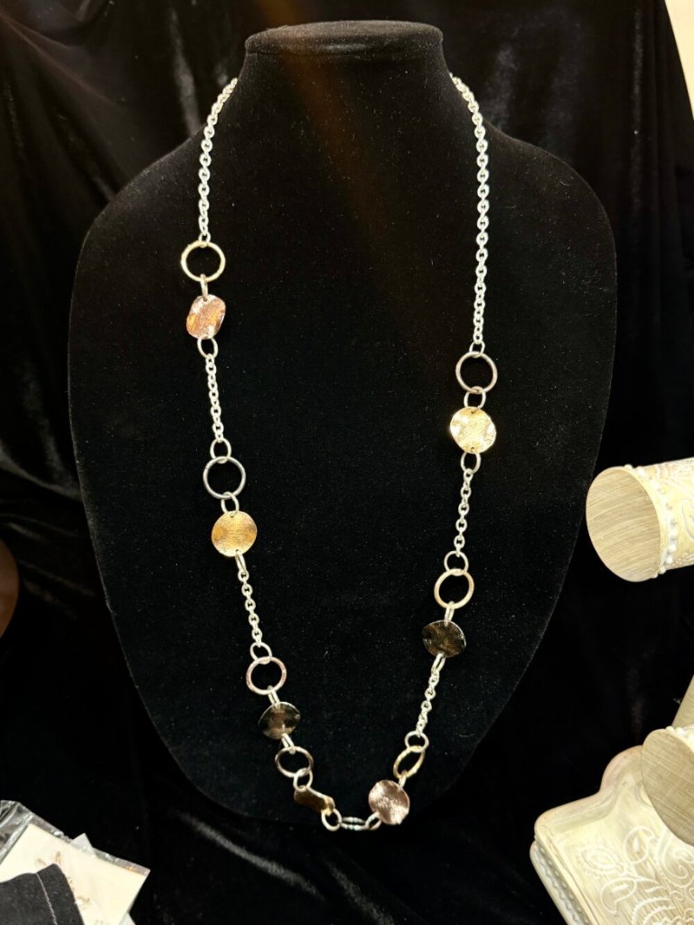 Mixed Metal Textured Disc Charm Necklace